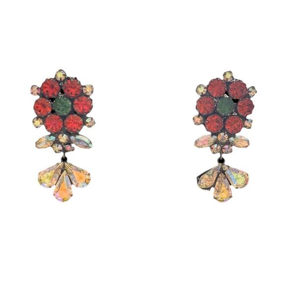 VENDOME Root Beer AB & Green Rhinestone Dangling Vintage Clip Earrings 2" Long - Picture 9 of 9